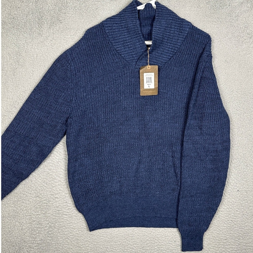 NEW Weatherproof Vintage Sweater Mens Large Navy Blue Shawl Collar Shaker Stitch